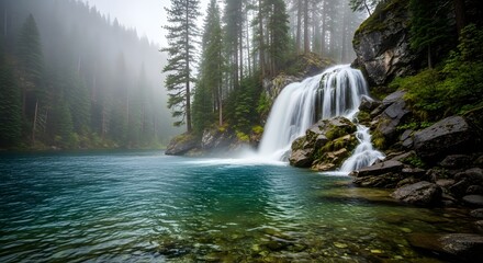 Beautiful waterfall landscape photography in forest with lake and rocks scenic nature view