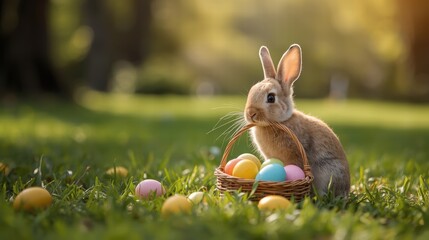 a cute baby bunny carrying an easter basket