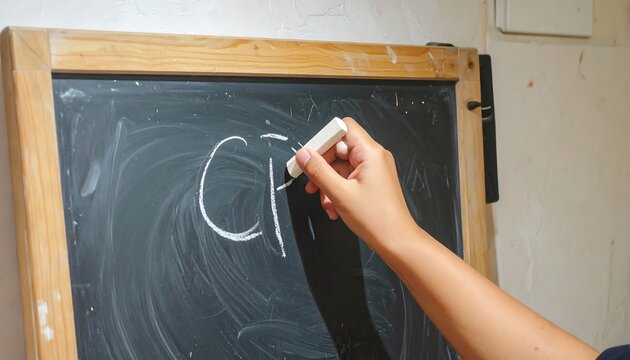 Close-up of a hand writing with chalk on a chalkboard, creating the word 'CF' - Powered by Adobe