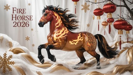 Photos for New Year's Eve celebrations. In the center is a Fiery Horse, the symbol of the year 2026. The horse is decorated with gold elements.