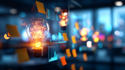 Bright light bulb glowing with data insights brainstorming session, showcasing creativity
