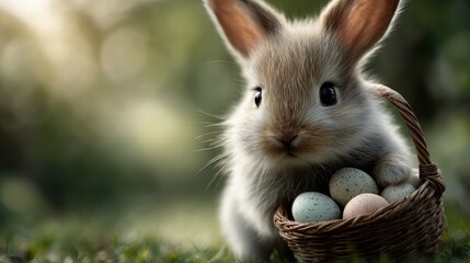 a cute baby bunny carrying an easter basket