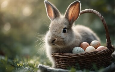 a cute baby bunny carrying an easter basket