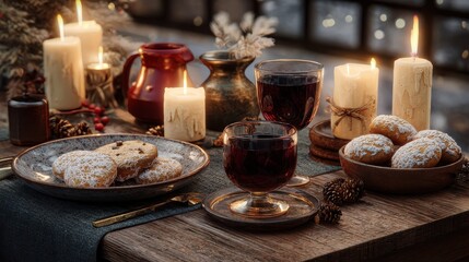 Fototapeta premium cozy winter table with mulled wine and candles