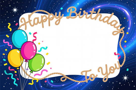 A whimsical birthday card featuring a white background with gold cursive text, surrounded by vibrant balloons and confetti, set against a starry night sky.