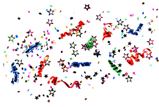 Multi-colored serpentine streamers confetti stars  isolated png cutout object on transparent background. Christmas, New Year decor elements.