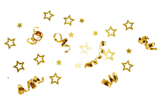 Gold confetti stars and serpentine streamers pattern isolated png cutout object on transparent background. Holiday, New Year Christmas design elements
