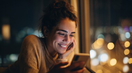 Immigrant woman holding smartphone during video call, emotional smile, warm home lighting, blurred foreign cityscape behind window, symbolizing