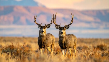 Fototapeta premium Two majestic male deer stand proudly in a field, with impressive antlers. The setting sun casts a warm glow on the mountain backdrop