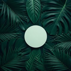 Round Blank Circle Surrounded by Lush Green Tropical Leaves on a Dark Background