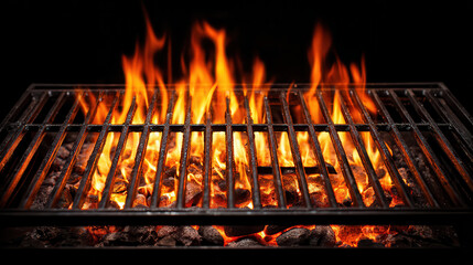 Intense flames engulfing a barbecue grill on a dark background