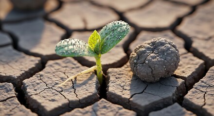 Resilient seedling pushing through cracked earth in arid landscape
