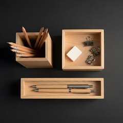 Wooden desk organizers with stationery