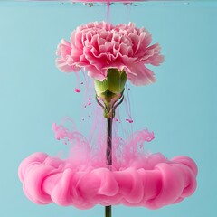 Pink Carnation in a Mesmerizing Dance with Dissolving Ink, Creating a Beautiful Abstract Floral Vision on a Serene Blue Backdrop