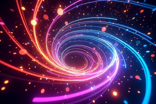Vibrant neon spirals swirl in cosmic space, glowing particles dance around radiant light trails of red, blue, and purple hues.
