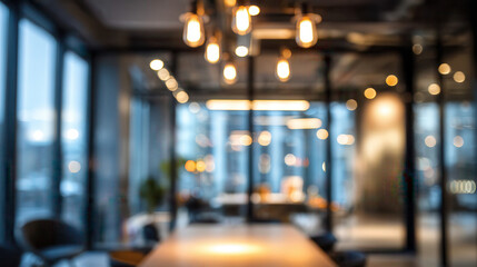 Modern office interior with warm pendant lighting and city views