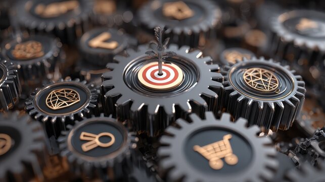 interconnected gears displaying icons of a target globe magnifying glass shopping cart and marketing symbols represents customer targeting digital marketing strategy automation business optimi