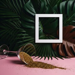 Golden glitter spills from an overturned champagne glass surrounded by lush tropical foliage