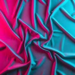 Vibrant abstract background of draped satin fabric illuminated by glowing pink and blue neon lights