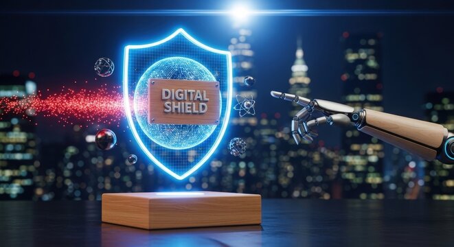 Digital Shield Cybersecurity Concept: Holographic Protection Sphere with Robotic Arm in Futuristic Night City