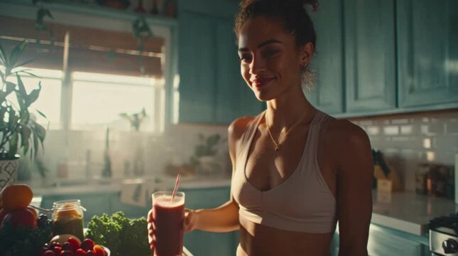 Woman Enjoying a Healthy Pink Smoothie in Her Kitchen