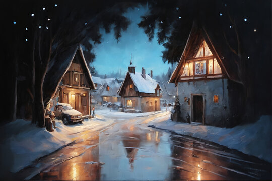 A cozy winter village nestled under a starry twilight sky, viewed from beneath a rustic wooden archway. Snow blankets the rooftops and ground, while warm lights glow from timbered houses reflecting in
