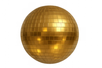 Gold disco ball reflecting light, symbolizing celebration, party, music, dance, and nightlife on transparent background