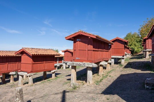 Traditional red h&oacute;rreos granaries standing in a merca, orense