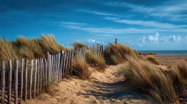 Image of sandy beach dunes fence and clear blue sky