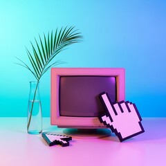 Vibrant Retro Tech Dream Classic Desktop Monitor with Tropical Leaf and Modern Pixelated Mouse Cursors on a Gradient Background