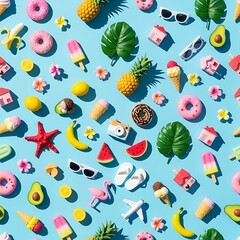 Summer Fun Playful Composition of Tropical Delights on a Vibrant Blue Backdrop