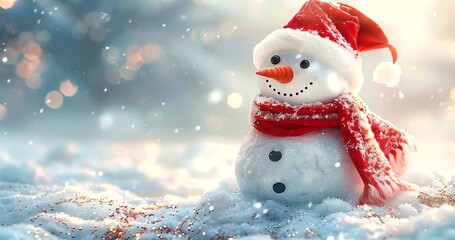 A cute snowman wearing a red scarf and hat, standing in the snow with falling snowflakes and bokeh lights, evoking a festive winter holiday atmosphere 4k video - Powered by Adobe