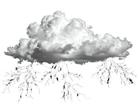 A fluffy cumulus cloud unleashing multiple lightning strikes against a black backdrop
