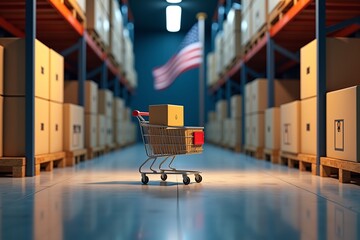 Shopping cart filled boxes in warehouse aisle, American flag in background. Modern logistics and e-commerce concept.
