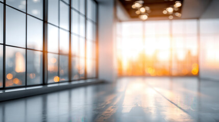 Modern office space with city view at sunset