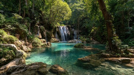 Fototapeta premium Lush jungle waterfall with serene clear water amidst thick forest