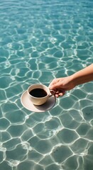 Coffee Cup Floating on Crystal Clear Waters, Summer Refreshment, Refreshing Drink