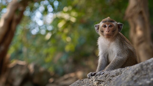 Macaque monkey on a rock in Kampot Cambodia