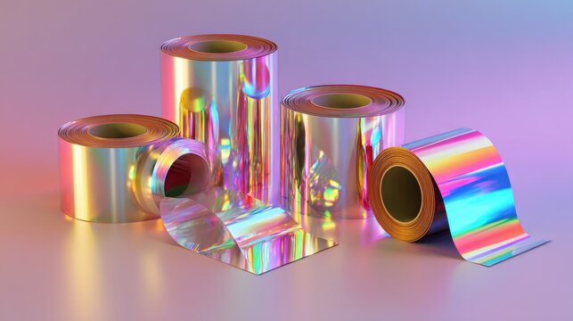 Shiny reflective rolls of holographic metallic tape on a smooth gradient surface, glowing under colorful studio lights, vibrant reflections and prism