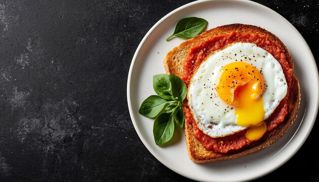 Sunny side up egg on golden toasted bread topped with fresh green spinach leaves, served on a white plate against a rustic gray surface. This vibrant, appetizing close-up captures the runny yolk 