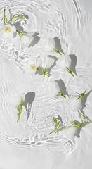 Delicate white flowers floating on rippling water surface, serene and tranquil aesthetic