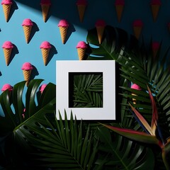 Summer Refreshment Ice Cream Cones and Tropical Foliage Composition
