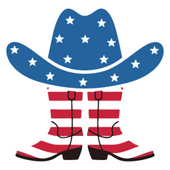 Distinctive graphic showcasing iconic western footwear and headwear embellished with a star-spangled banner inspired motif, celebrating freedom and national heritage