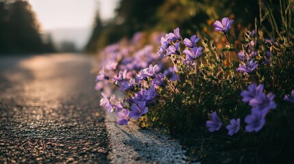 Obraz premium Macro shot of morning blooming purple flowers by the roadside