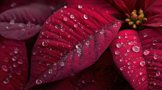 Macro shot of water beads on red poinsettia foliage - Powered by Adobe