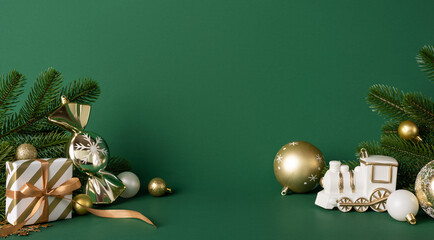 A festive Christmas and New Year tableau features gold and white decorations, wrapped gifts,...