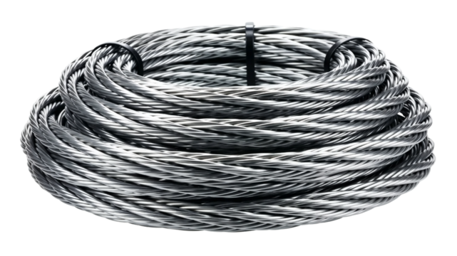 Strong steel wire rope or metal cable for industrial use. Isolated on transparent background