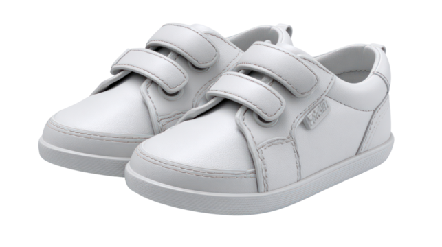 Pair of white toddler shoes with velcro straps isolated on transparent background