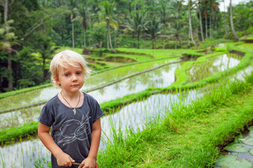 Blond boy stands near flooded green rice terraces in Bali, surrounded by tropical nature. A candid...