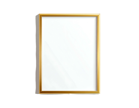 A vertically oriented, rectangular, golden picture frame with a white void inside